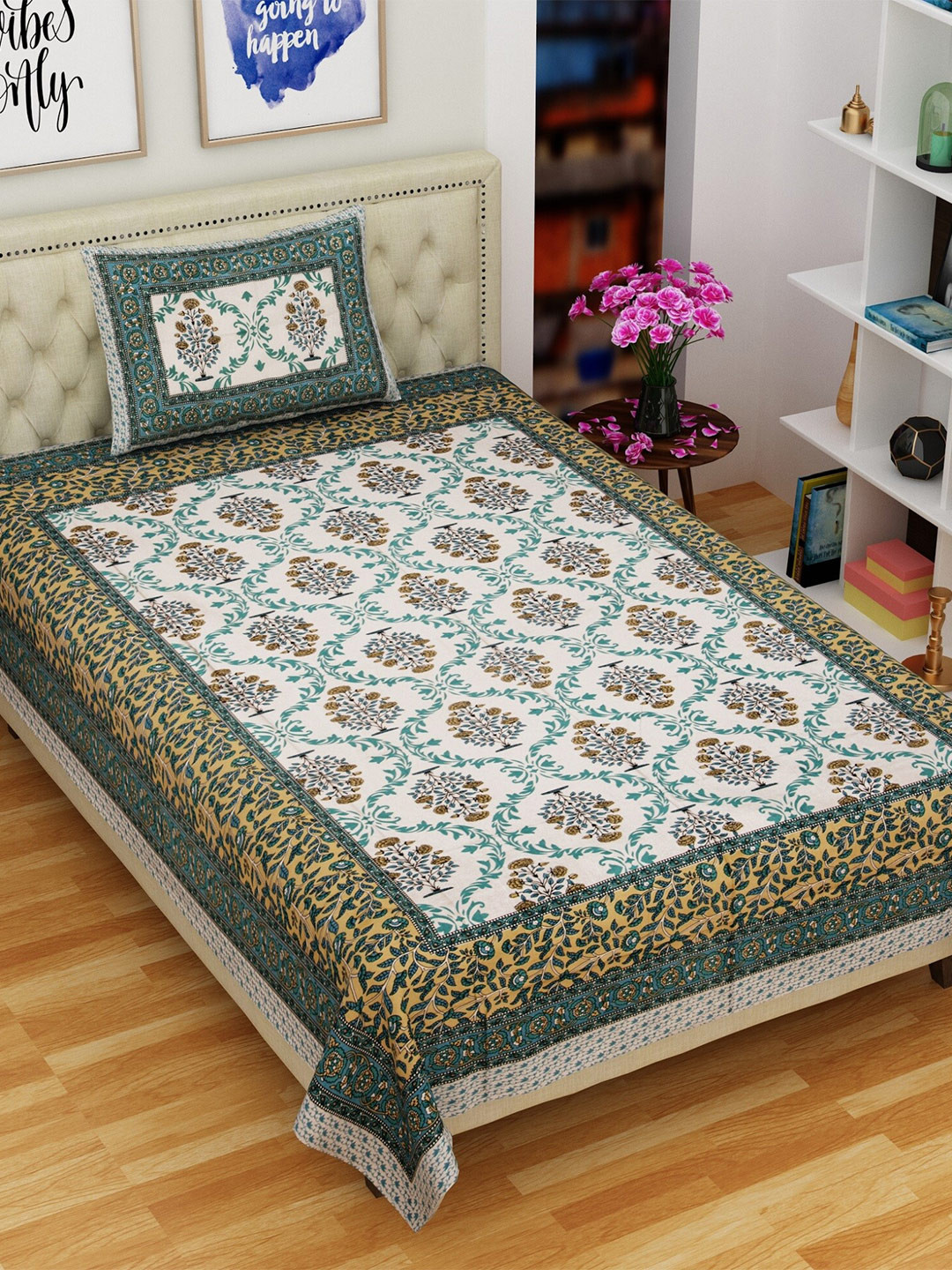 

Rajasthanikart Green & White Ethnic Motifs Cotton 144 TC Single Bedsheet & 1 Pillow Cover
