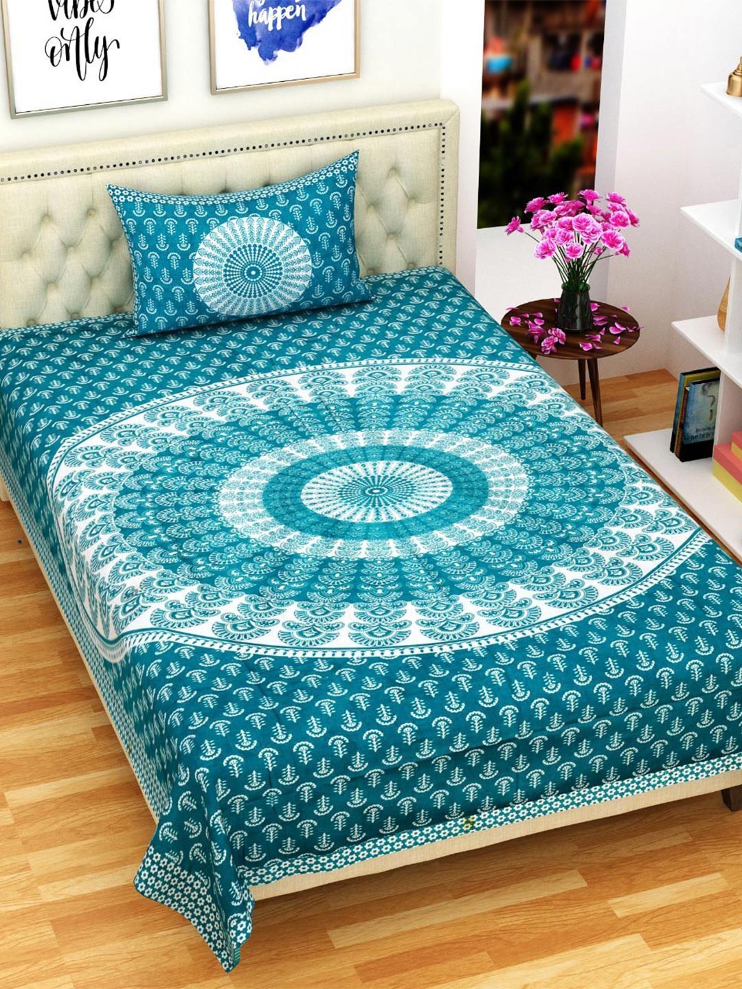 

Rajasthanikart Green & White Printed Cotton 120 TC Single Bedsheet with 1 Pillow Covers