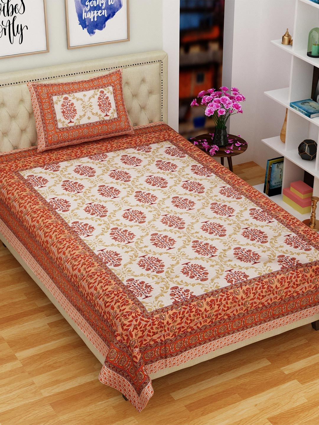 

Rajasthanikart Peach-Coloured & White Cotton 144 TC Single Bedsheet with 1 Pillow Cover