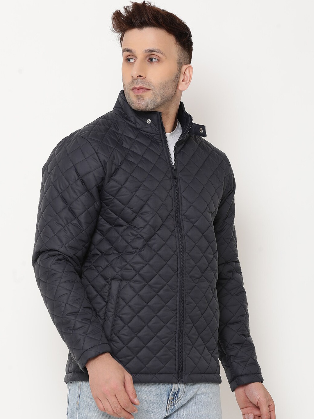 

9ty3ree Mock Collar Insulator Quilted Jacket, Navy blue