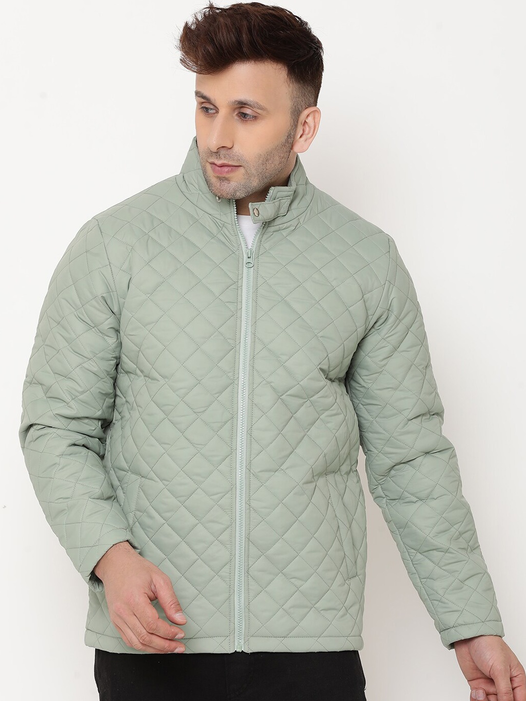 

9ty3ree Checked Mock Collar Insulator Quilted Jacket, Green