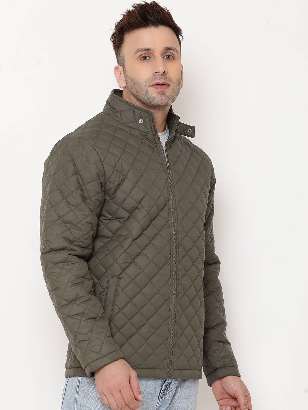 

9ty3ree Checked Mock Collar Insulator Quilted Jacket, Olive