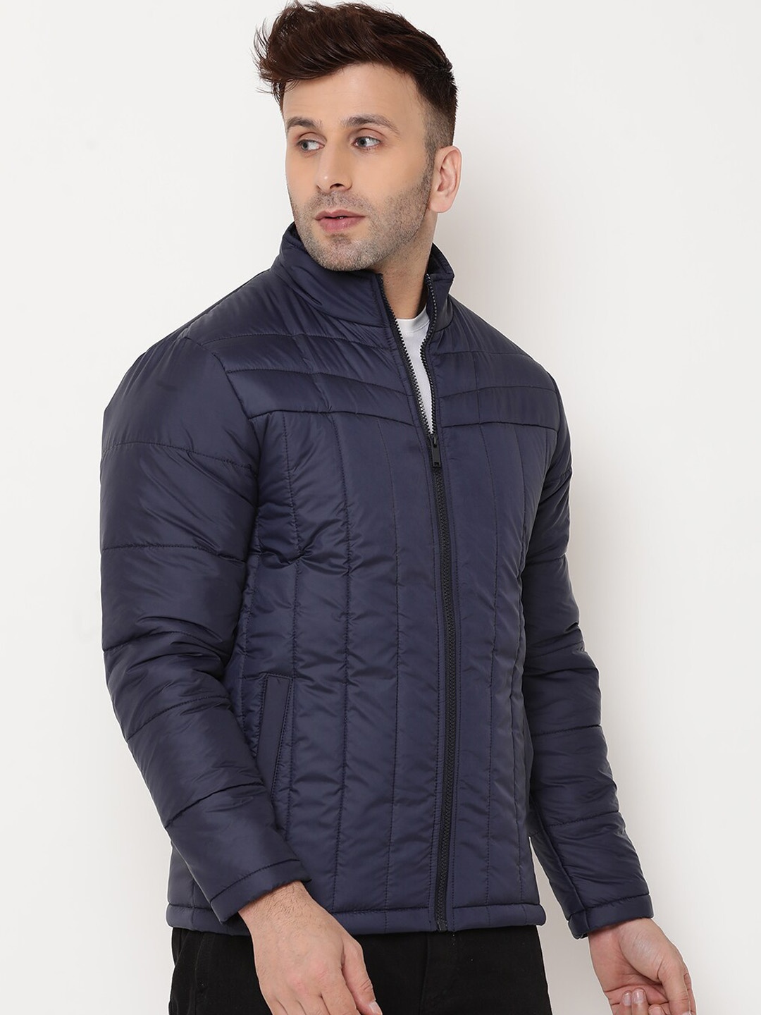 

9ty3ree Mock Collar Insulator Quilted Jacket, Navy blue