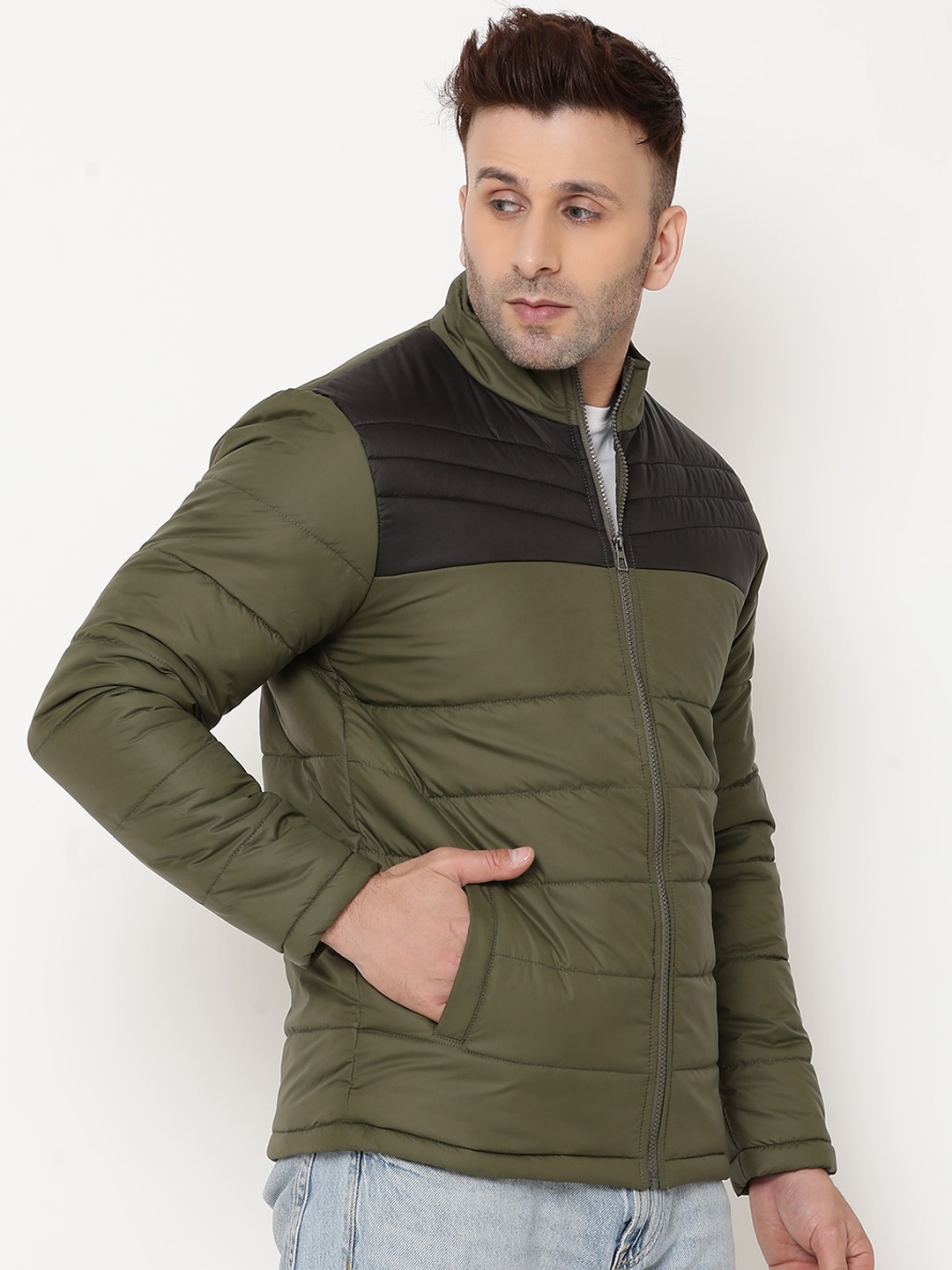 

9ty3ree Colourblocked Mock Collar Insulator Puffer Jacket, Olive