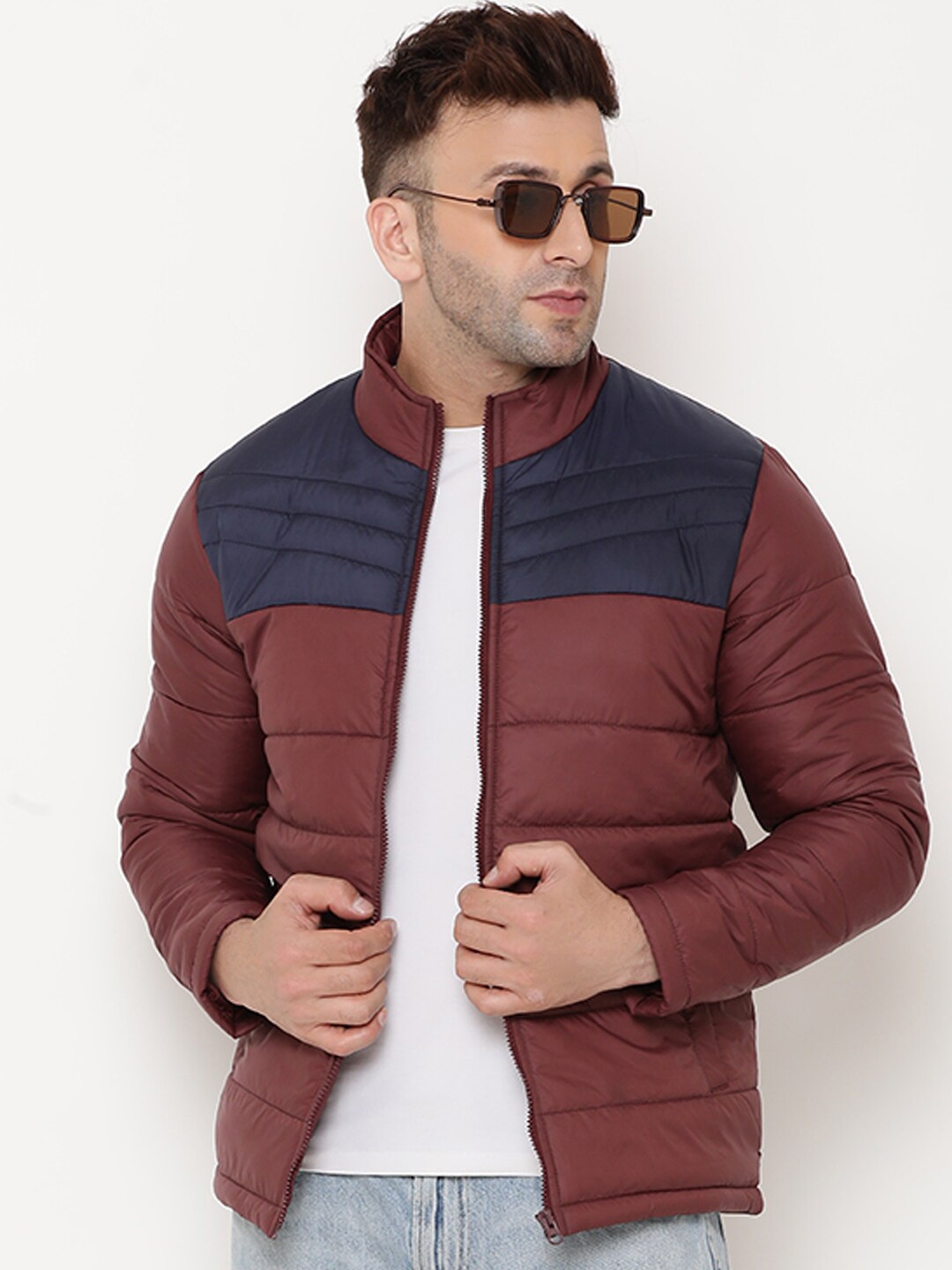 

9ty3ree Colourblocked Mock Collar Insulator Puffer Jacket, Maroon