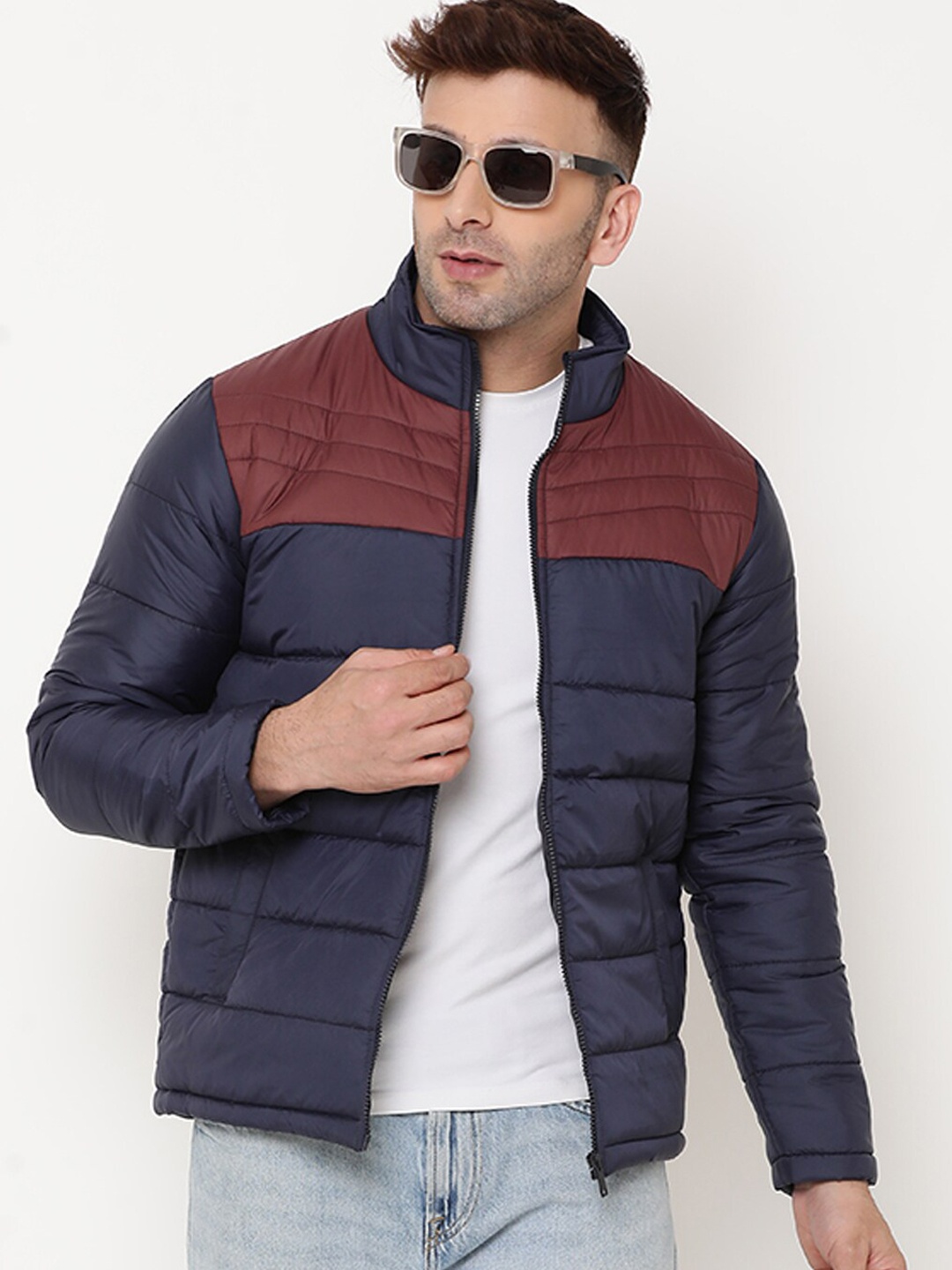 9ty3ree Colourblocked Mock Collar Insulator Puffer Jacket, Navy blue