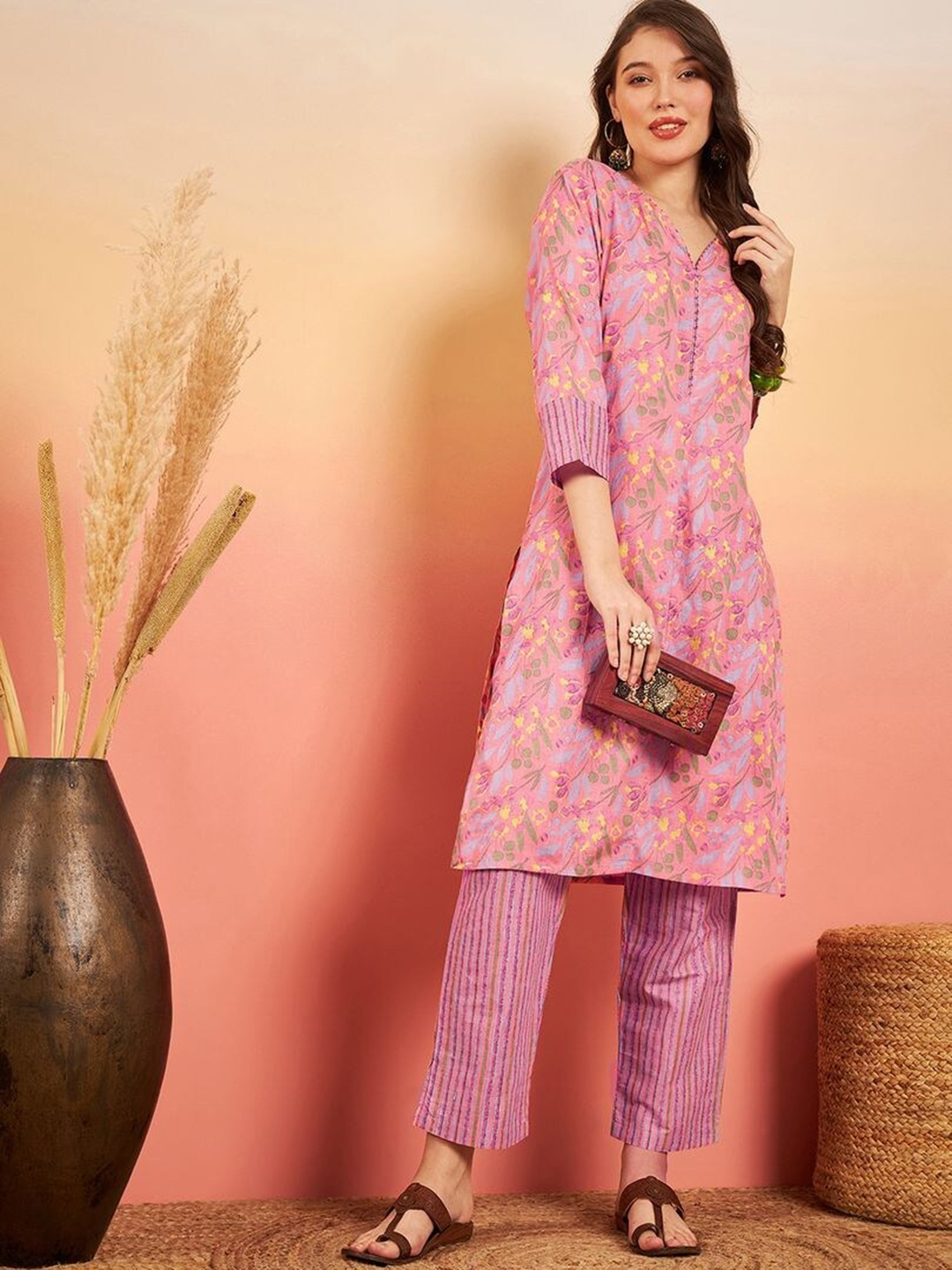 

Sangria Pink Ethnic Motifs Printed Pure Cotton Kurta With Trousers