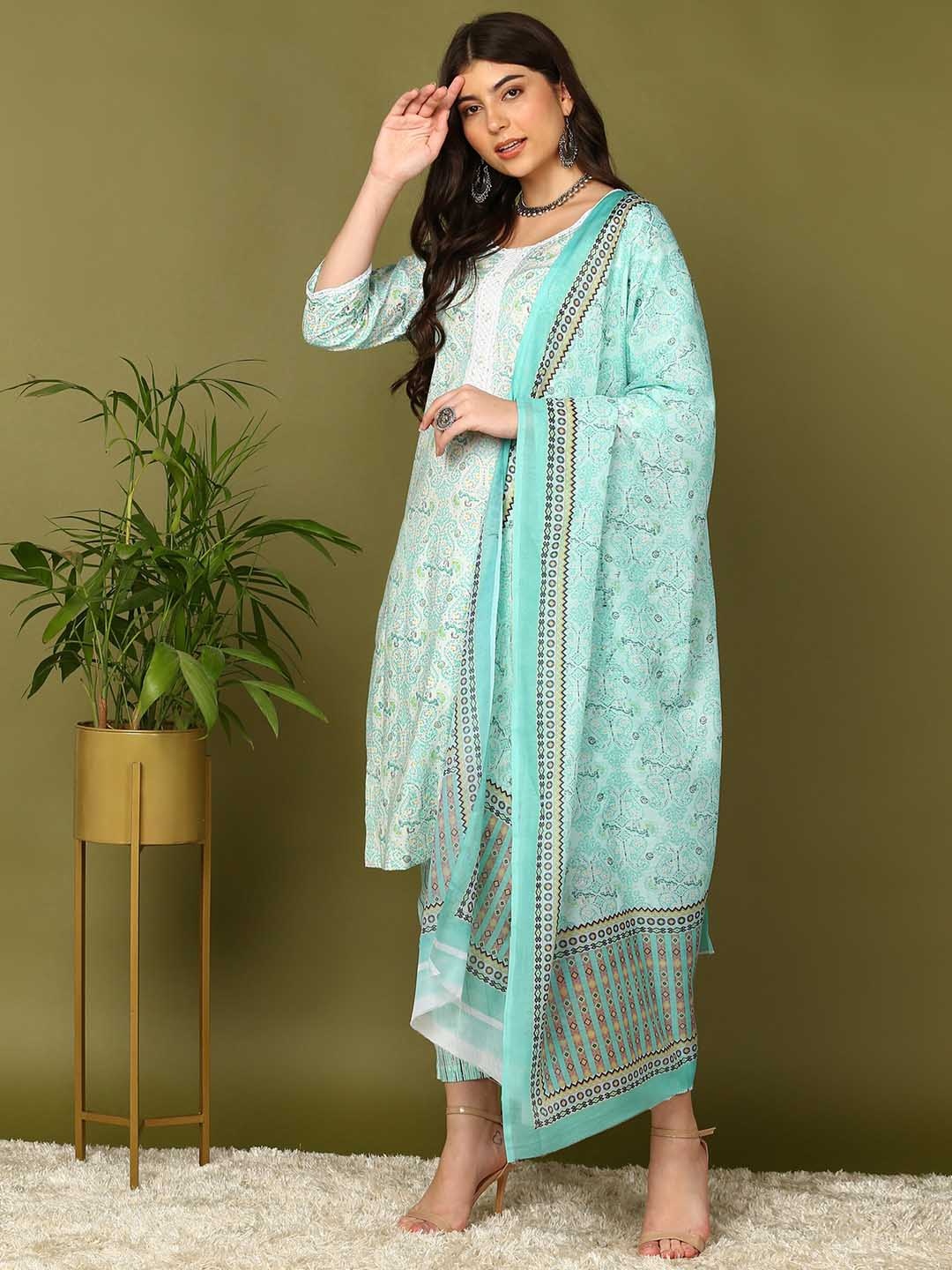 

Sangria Ethnic Motifs Printed Regular Pure Cotton Kurta with Trousers & Dupatta, Blue