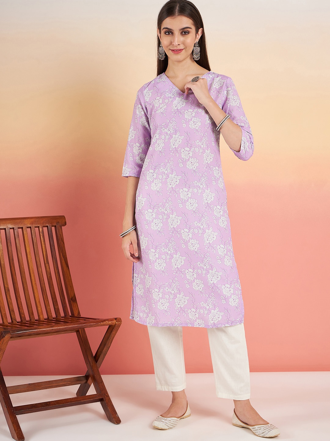 

HERE&NOW Ethnic Motifs Printed V-Neck Kurta, Purple