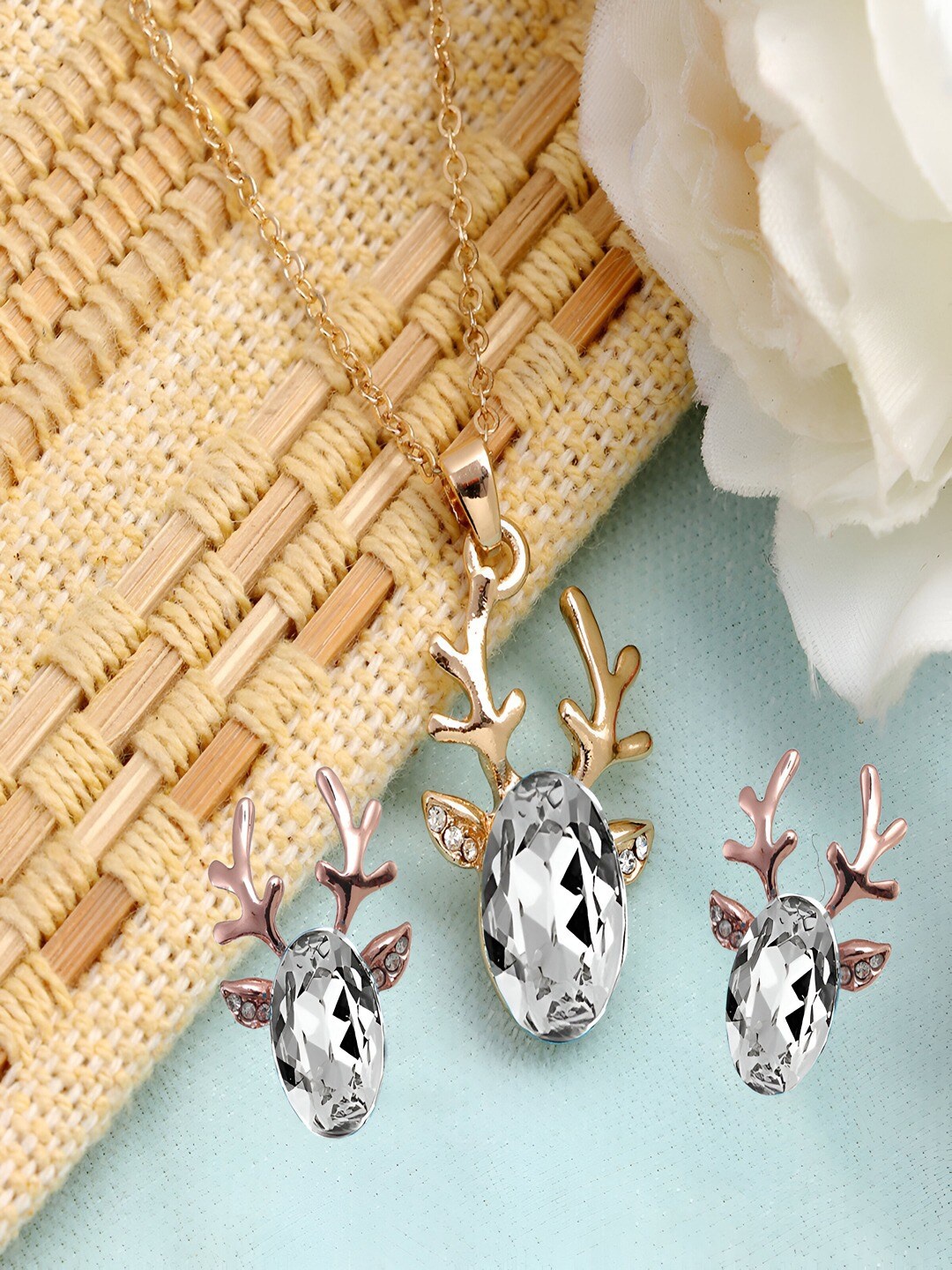 

UNIVERSITY TRENDZ Gold-Plated Deer Design Crystal Studded Necklace With Earrings