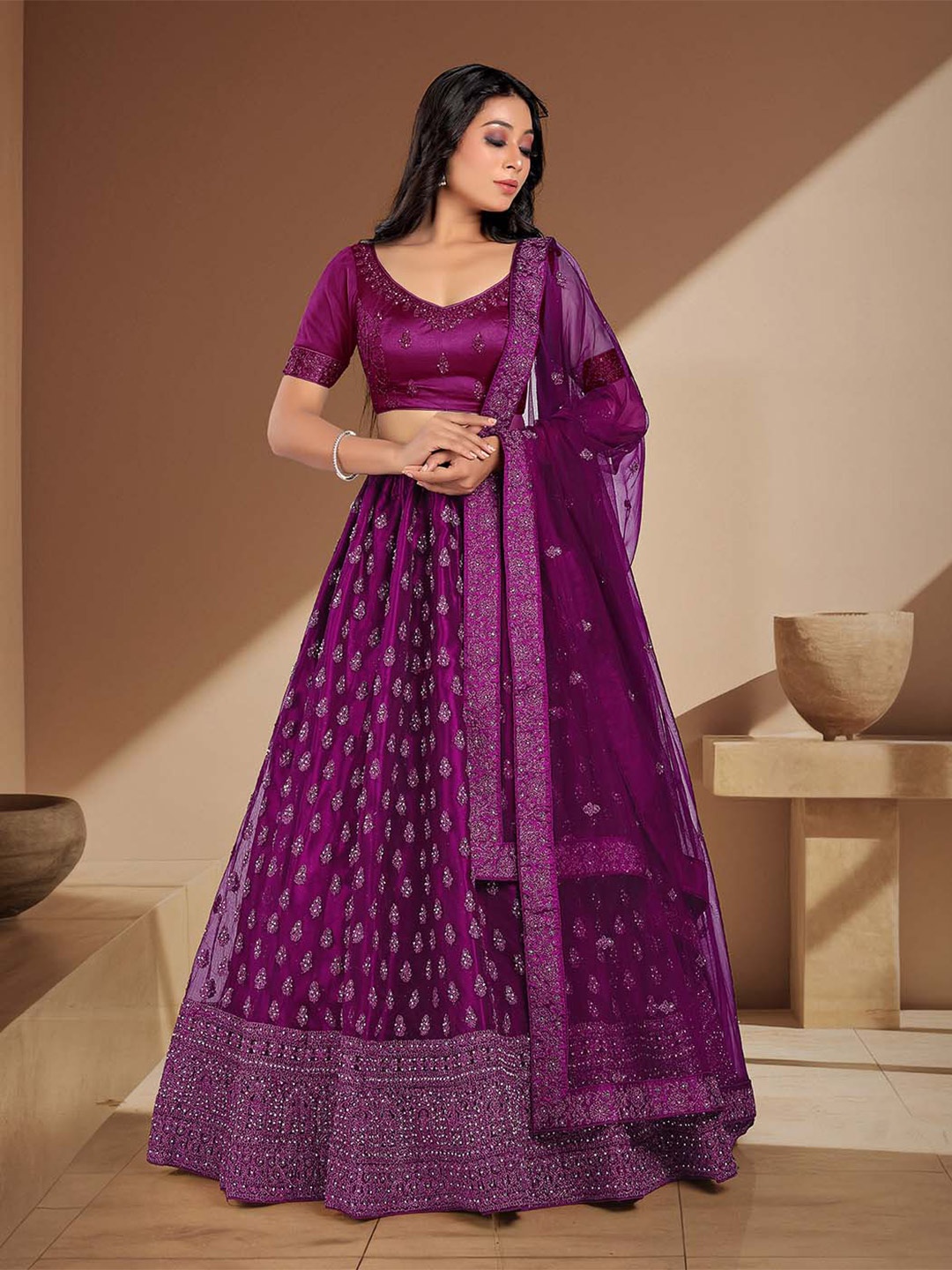 

HALFSAREE STUDIO Embroidered Semi-Stitched Lehenga & Unstitched Blouse With Dupatta, Burgundy