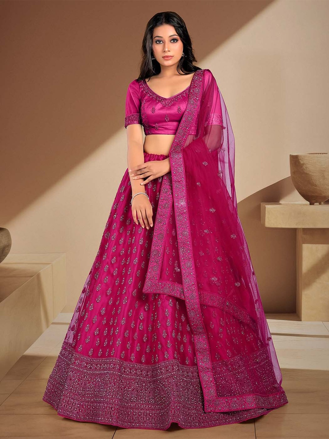 

HALFSAREE STUDIO Embroidered Semi-Stitched Lehenga & Unstitched Blouse With Dupatta, Pink