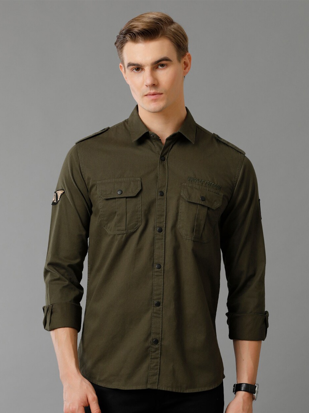

ADRO Standard Slim Fit Cotton Cargo Casual Shirt, Olive