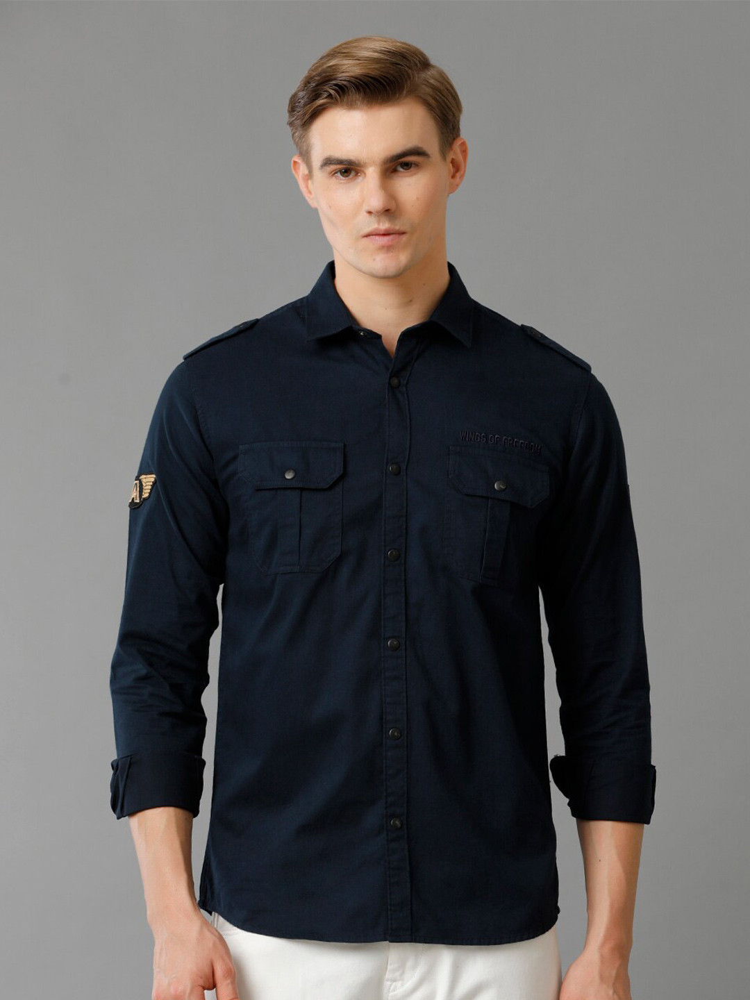 

ADRO Standard Slim Fit Cotton Cargo Casual Shirt, Navy blue