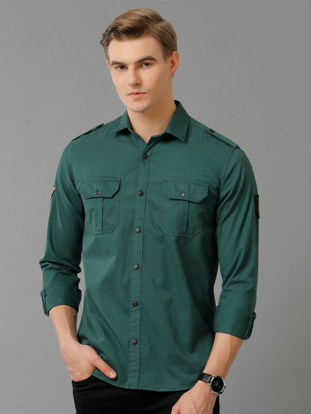 

ADRO Standard Slim Fit Cotton Cargo Casual Shirt, Green