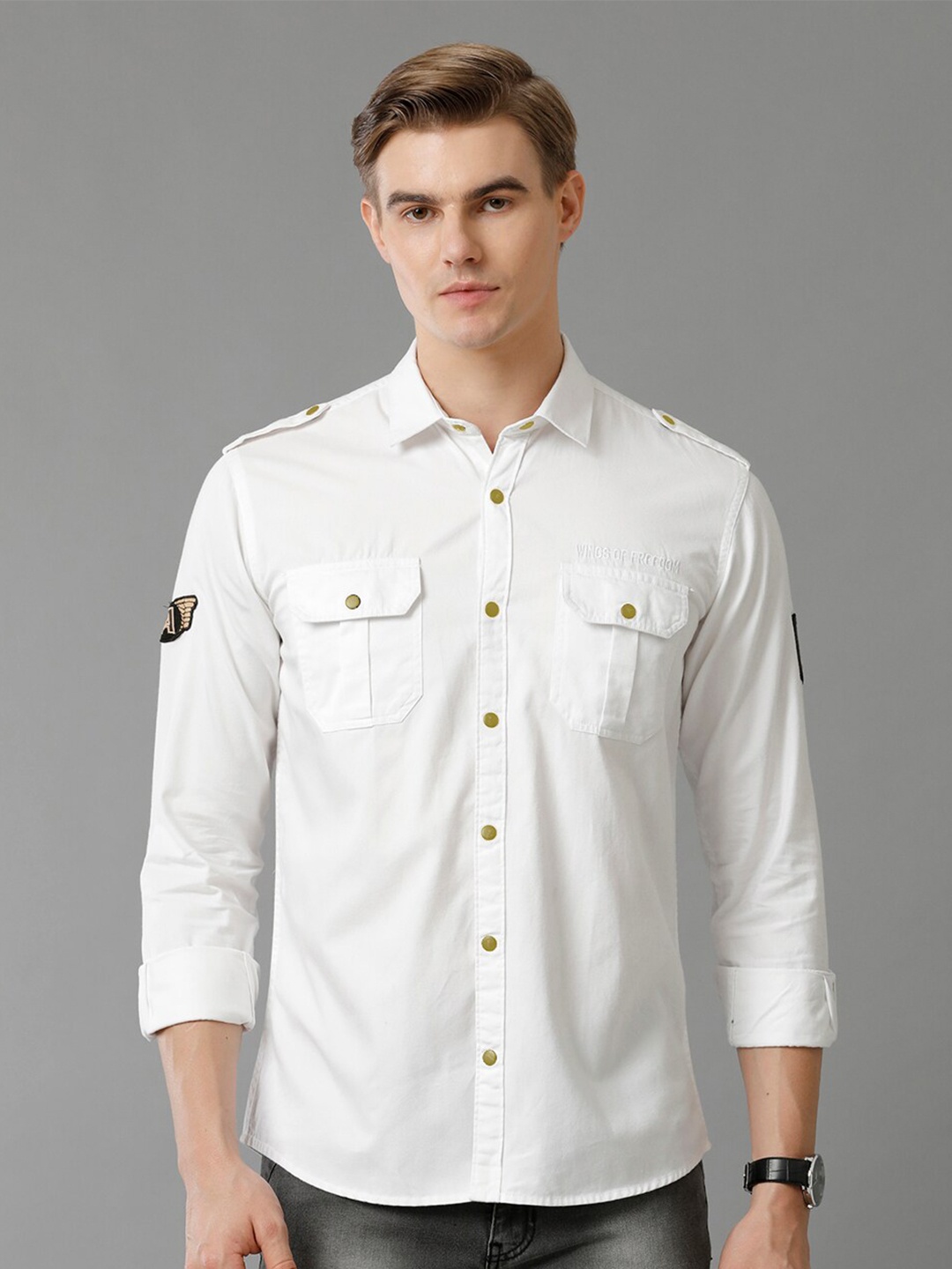 

ADRO Standard Slim Fit Cotton Cargo Casual Shirt, White