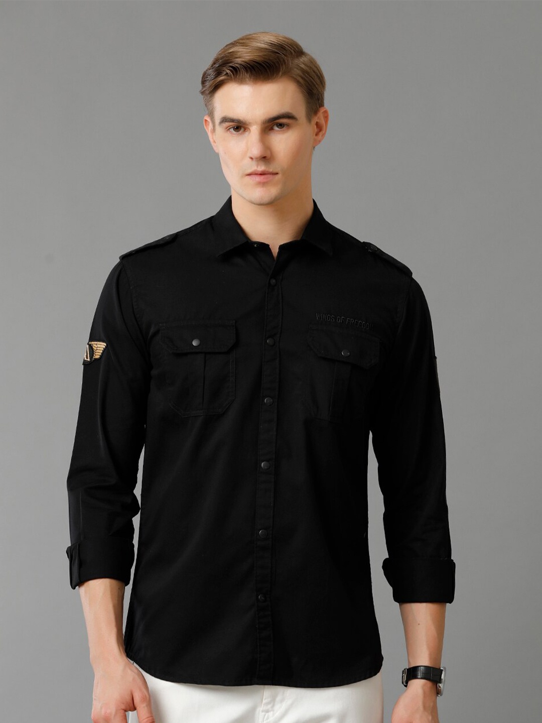 

ADRO Standard Slim Fit Cotton Cargo Casual Shirt, Black