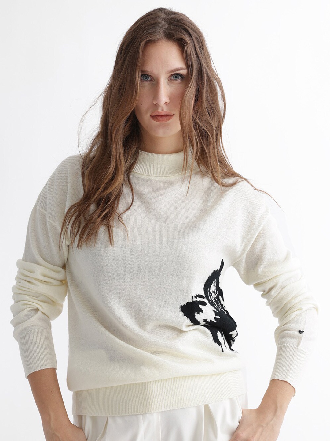 

RAREISM Printed Mock Collar Cotton Pullover, Off white