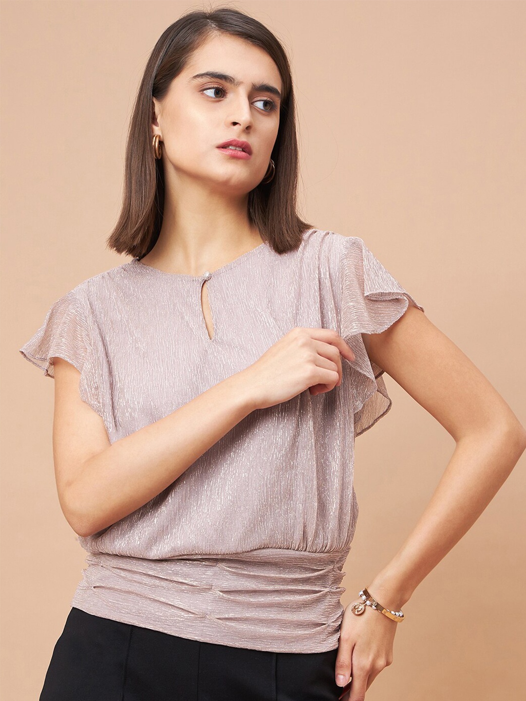 

Gipsy Keyhole Neck Flutter Sleeve Blouson Top, Champagne