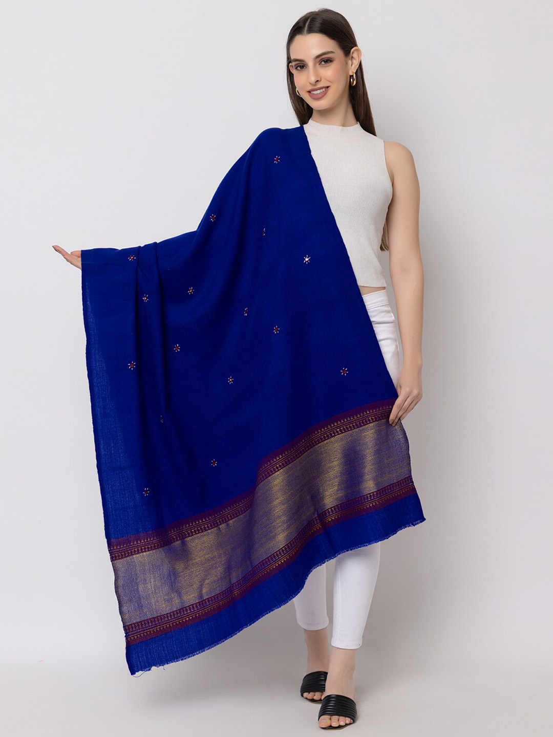 

CASMIR Ethnic Motifs Embroidered Zari Mirror Work Shawl With Fringed Border, Blue