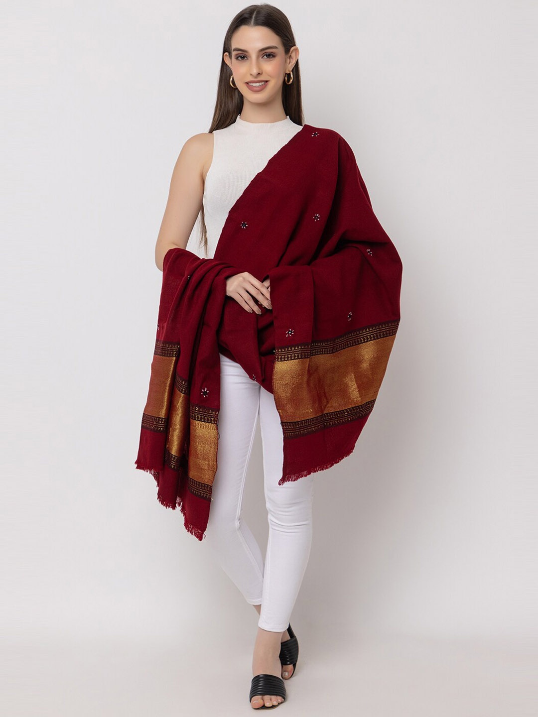 

CASMIR Kutchi Tribal Embroidered Mirror Work Fringed Border Shawl, Maroon