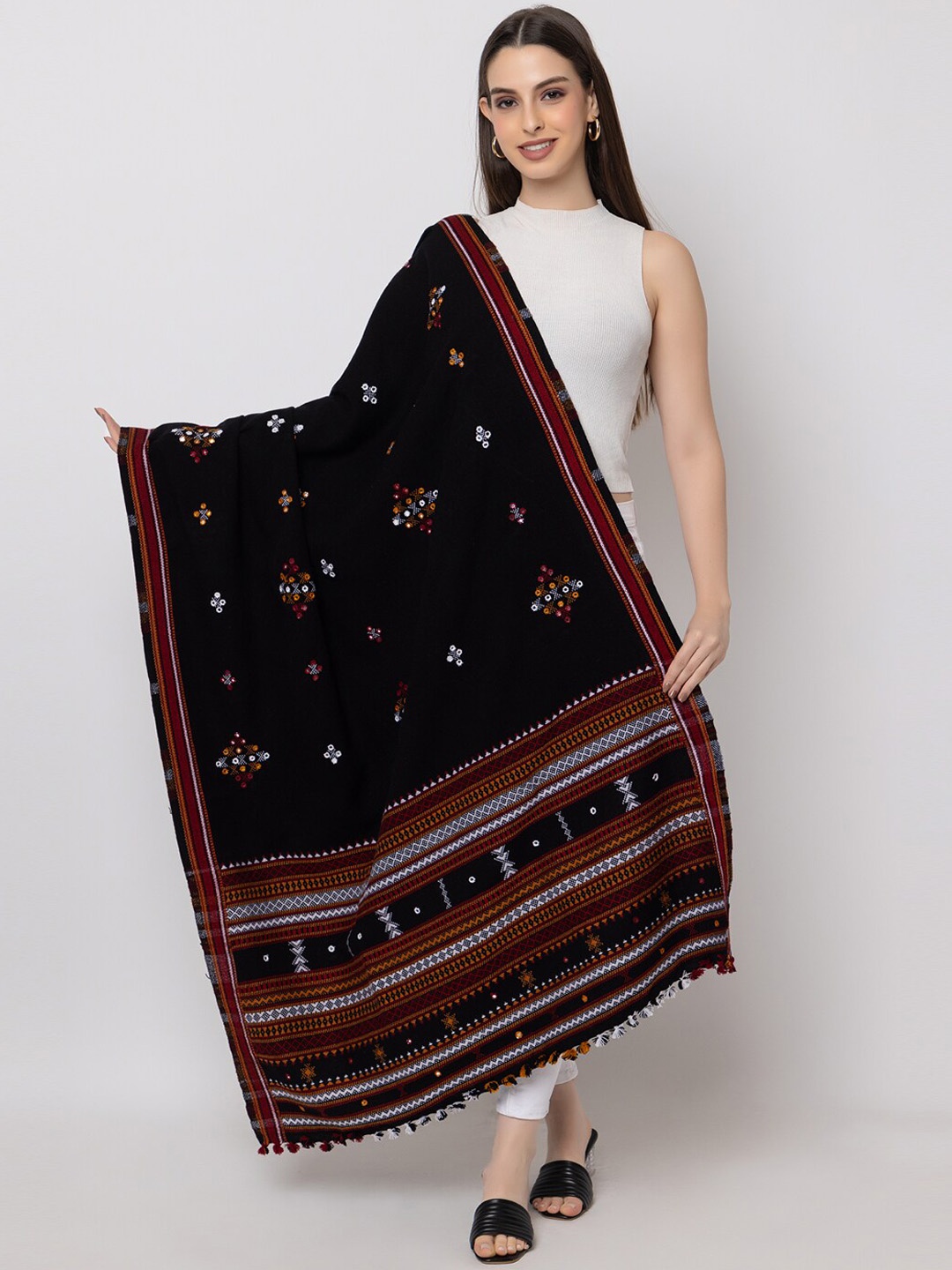 

CASMIR Kutch Embroidered Mirror Work Woollen shawl with tassels, Black