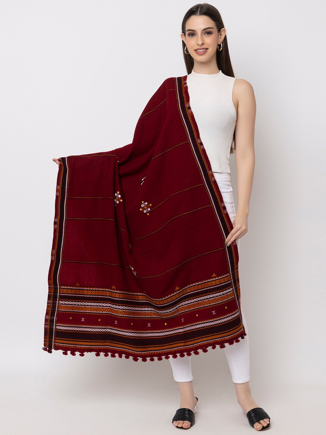 

CASMIR Kutchi Tribal Embroidered Mirror Work Shawl With Tasseled Border, Maroon