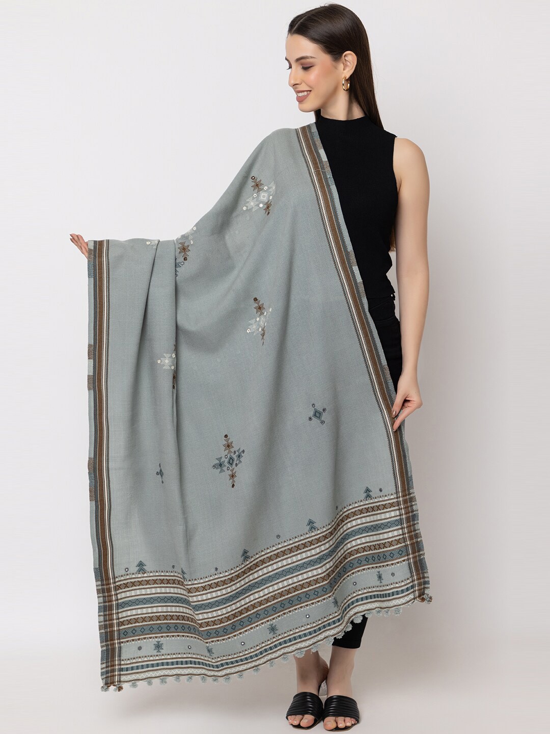 

CASMIR Kutchi Embroidered Mirror Work Shawl with Tasseled Border, Grey