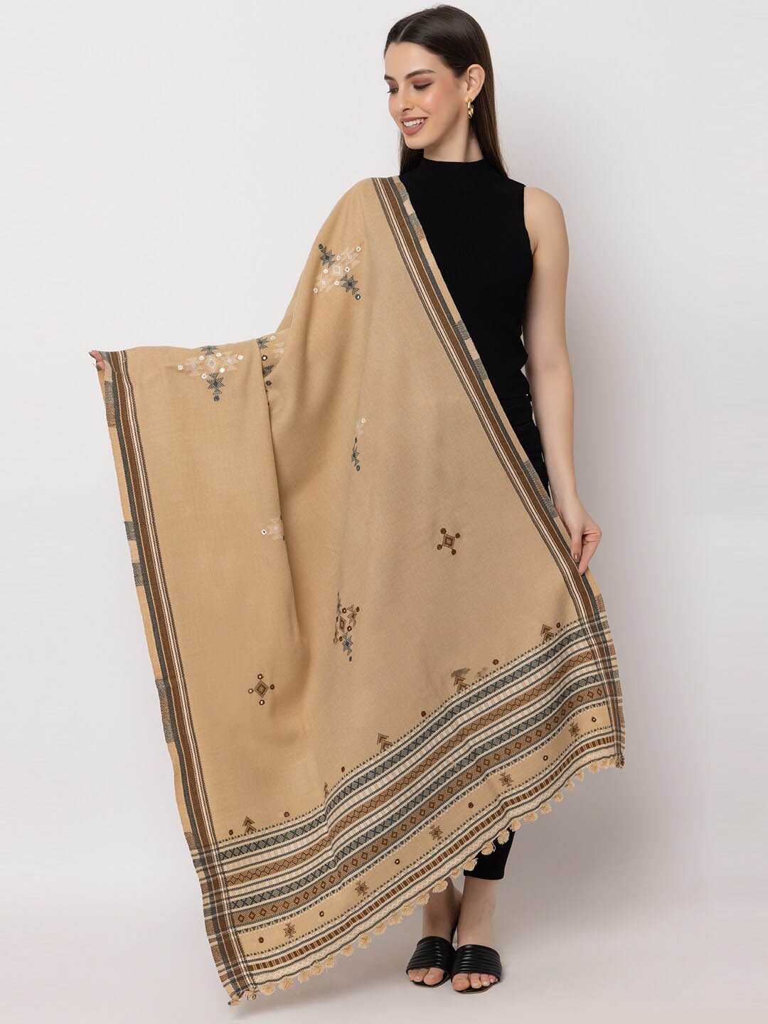 CASMIR Kutch Tribal Embroidered Mirror Work Tasselled Shawl, Beige