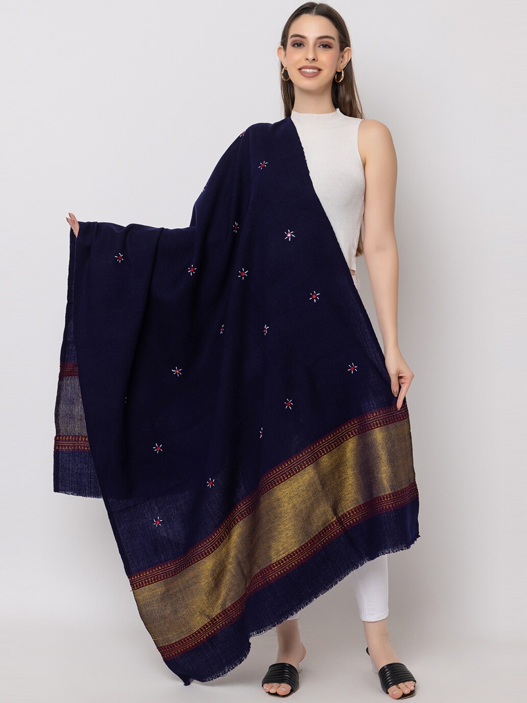 

CASMIR Embroidered Mirror Work Shawl, Navy blue