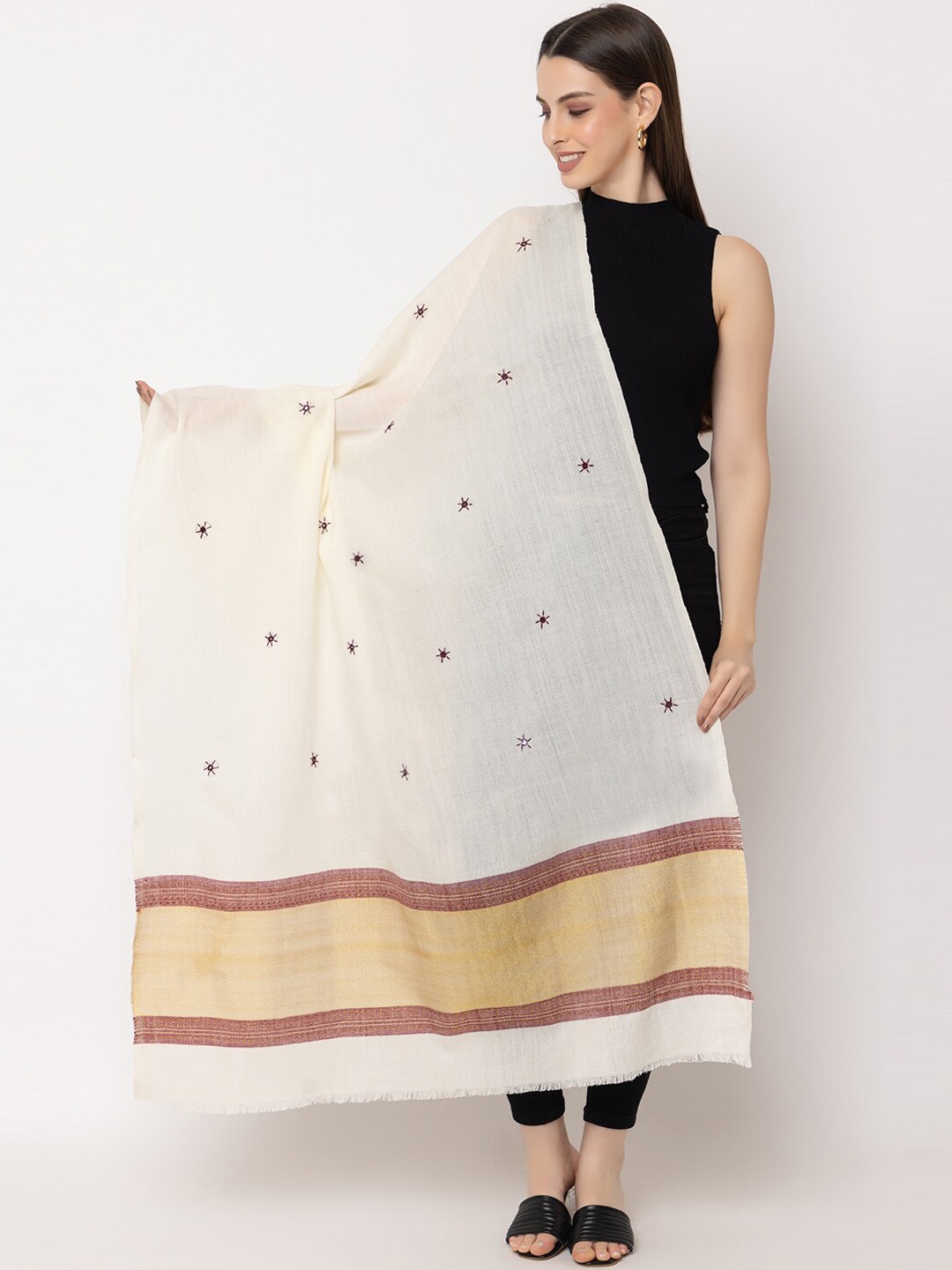 

CASMIR Embroidered Mirror Work Shawl, White