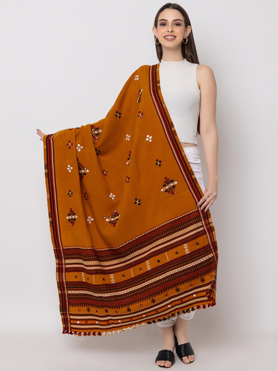 

CASMIR Kutchi Tribal Embroidred Mirror Work Tasselled Shawl, Mustard