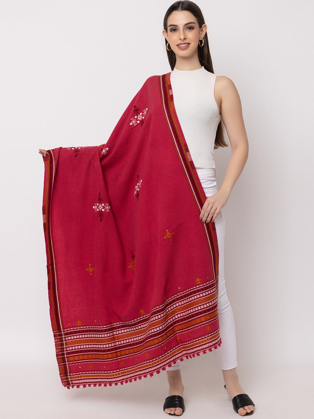 

CASMIR Kutch Embroidered Mirror Woollen Shawl, Red