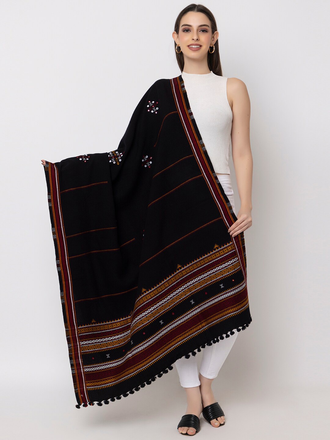 

CASMIR Kutch Tribal Embroidered Mirror Work Tasselled Shawl, Black