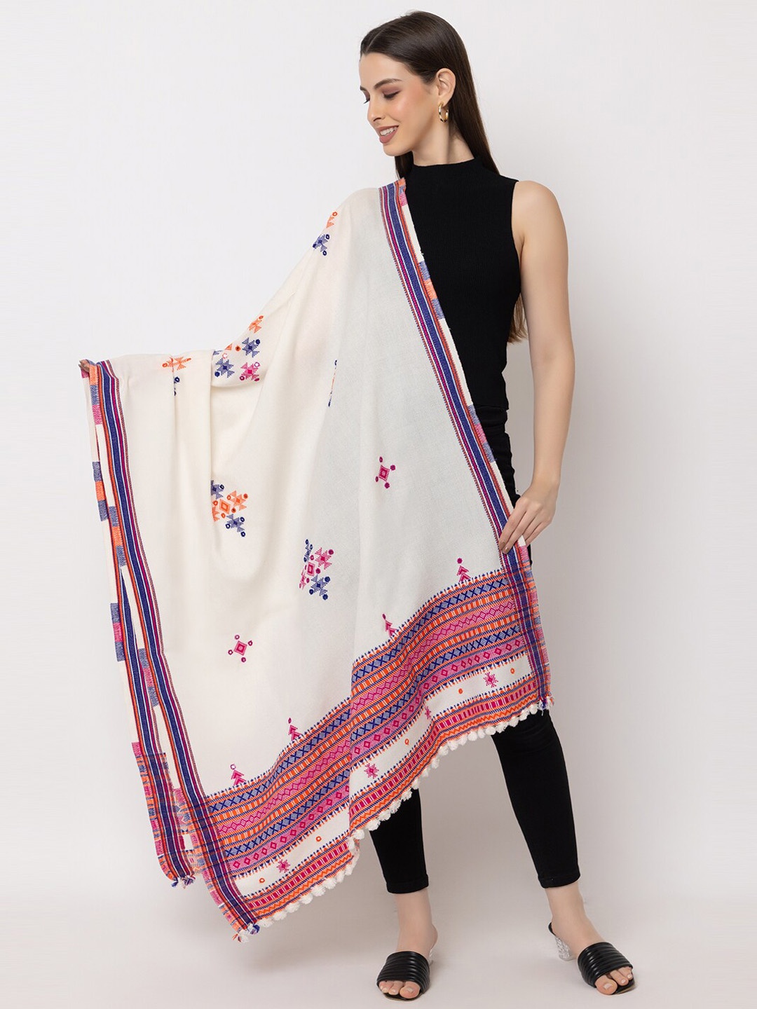 

CASMIR Kutch Embroidered Mirror Work Woolen shawl with tassels, White