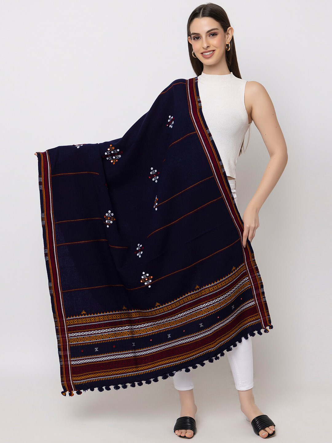 

CASMIR Embroidered Mirror Work Shawl, Navy blue