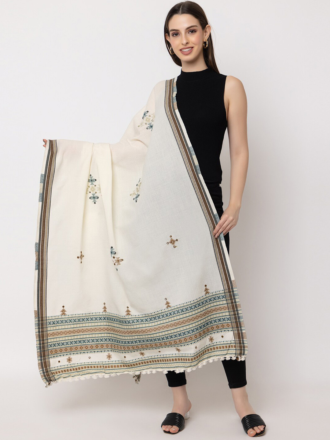 

CASMIR Kutchi Tribal Embroidered Mirror Work Shawl with Tasseled Border, Cream