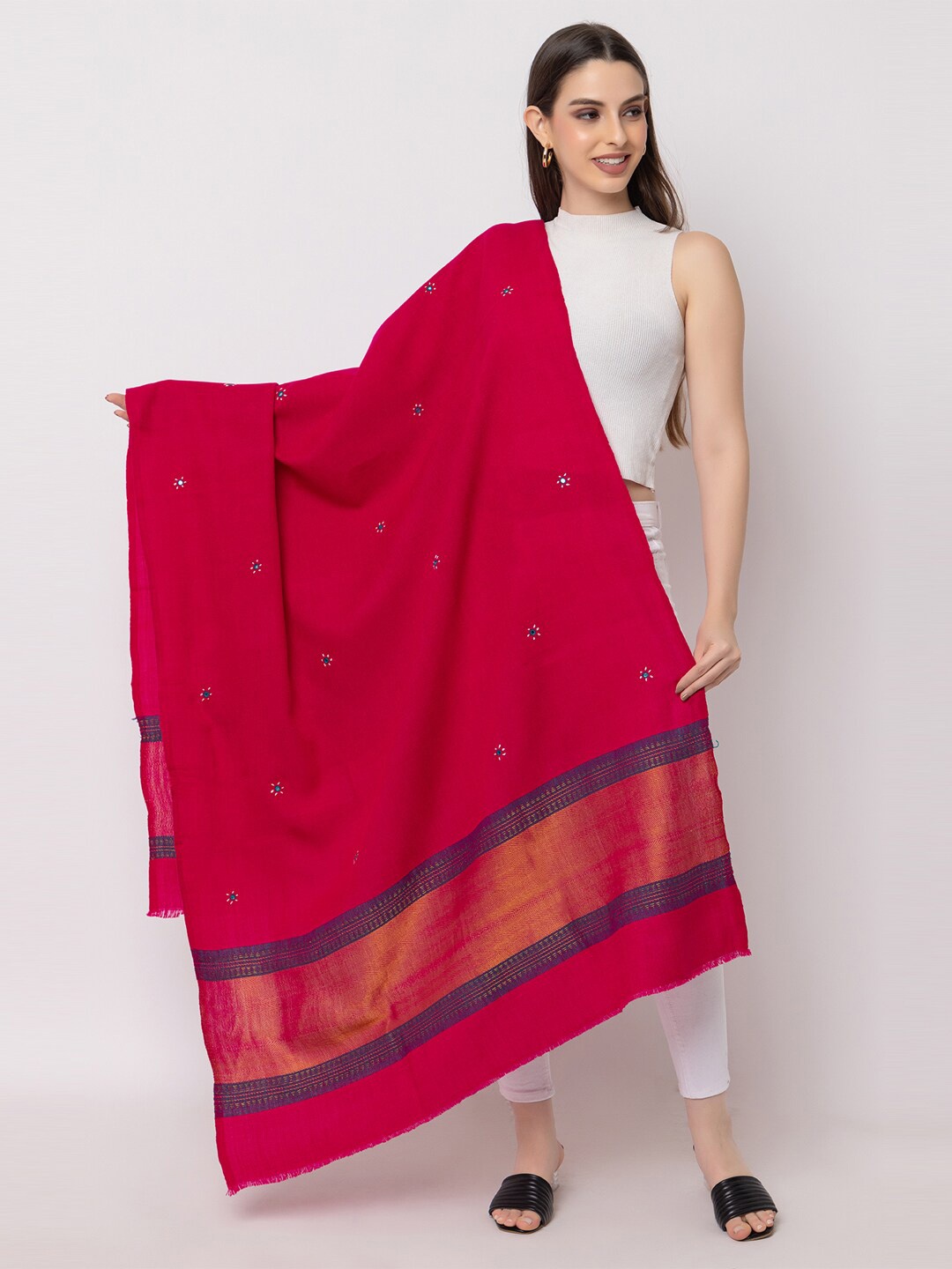 

CASMIR Embroidered Mirror Work Shawl, Red