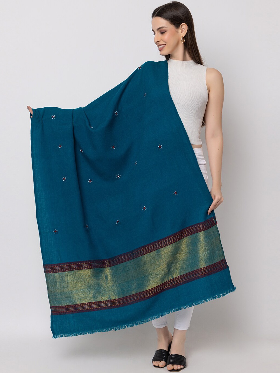 

CASMIR Embroidered Mirror Work Shawl, Teal