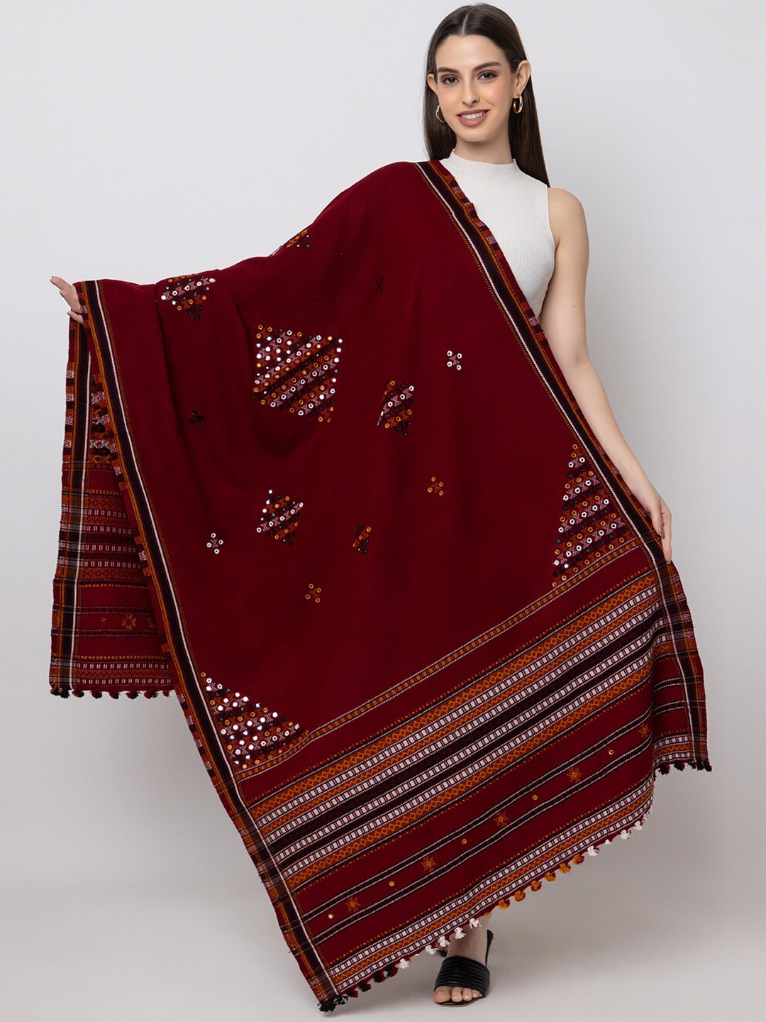 

CASMIR Kutch Tribal Embroidered Mirror Work Woolen shawl with tassels, Maroon