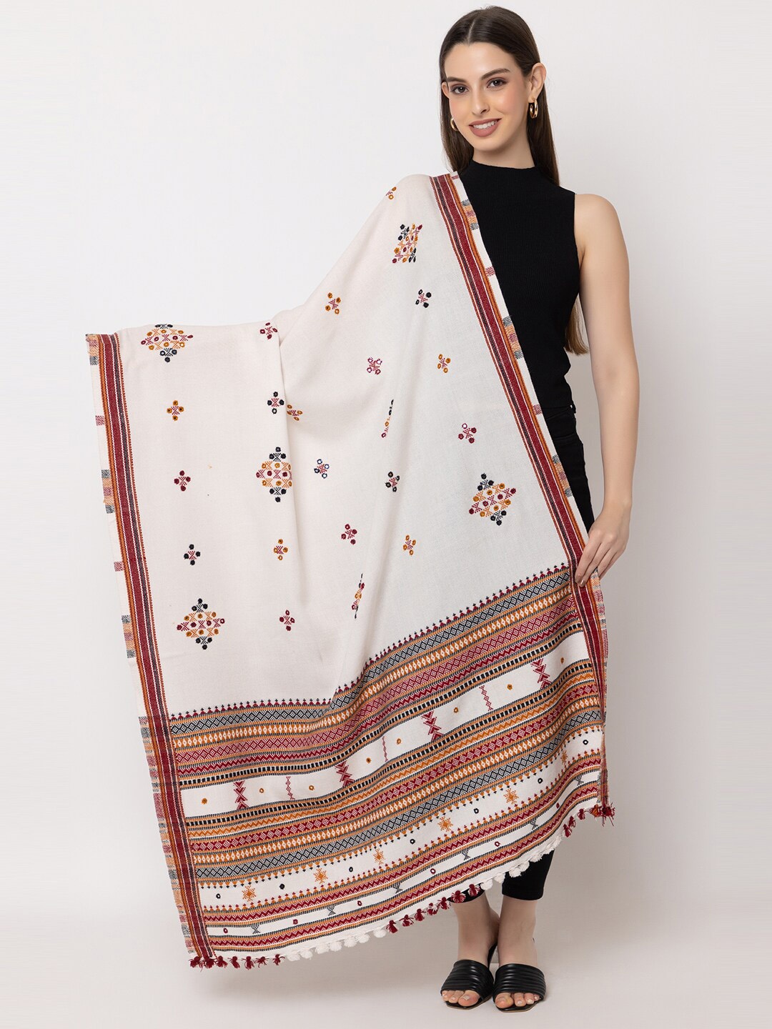 

CASMIR Kutchi Tribal Embroidered Mirror Work Shawl with Tasseled Border, White