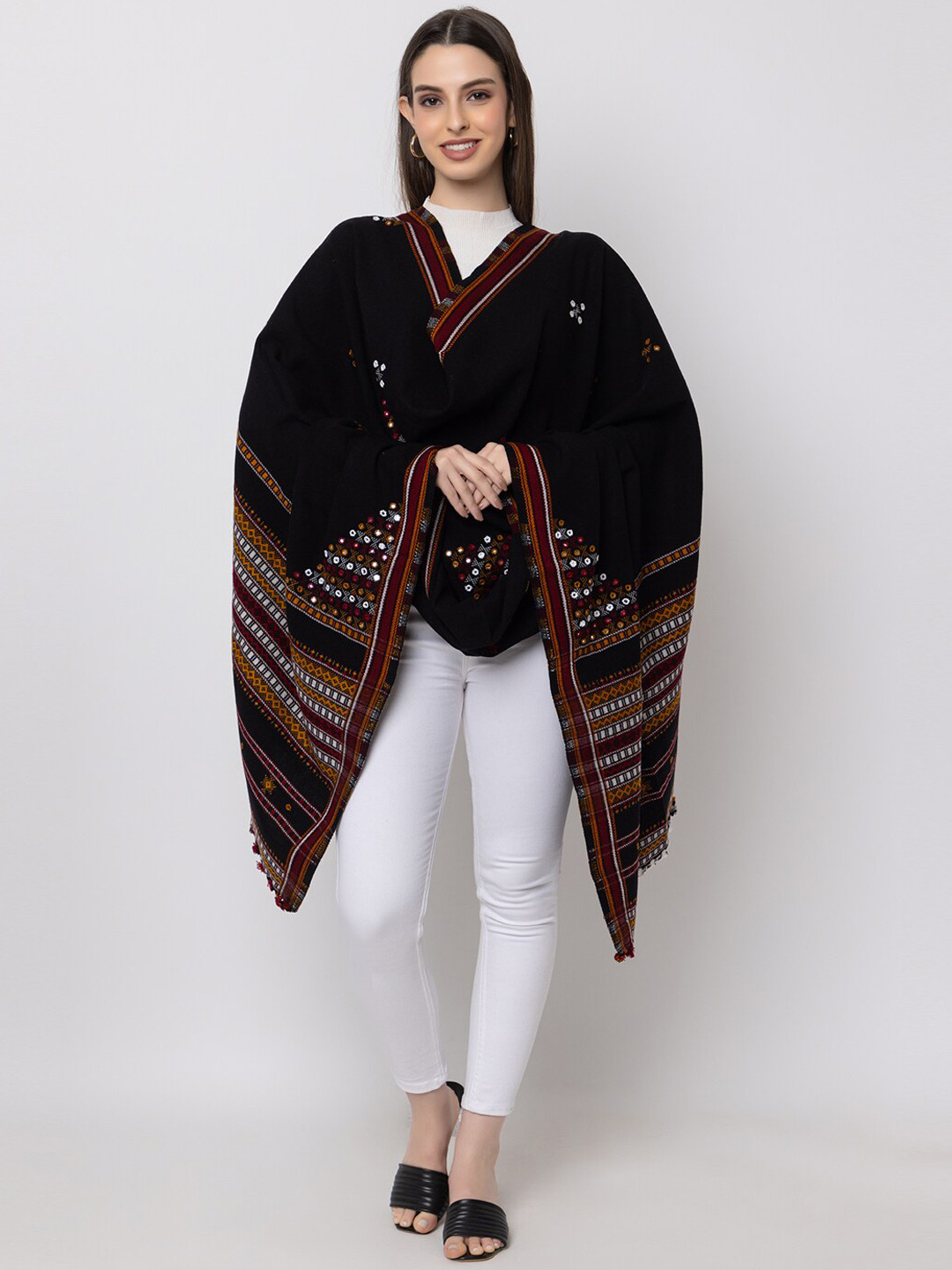 

CASMIR Kutchi Embroidered Mirror Work Woolen Shawl, Black