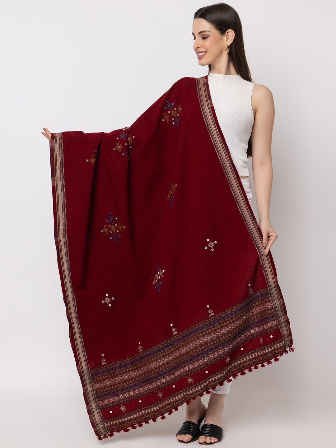 

CASMIR Kutch Tribal Embroidered Mirror Work Tasselled Shawl, Maroon