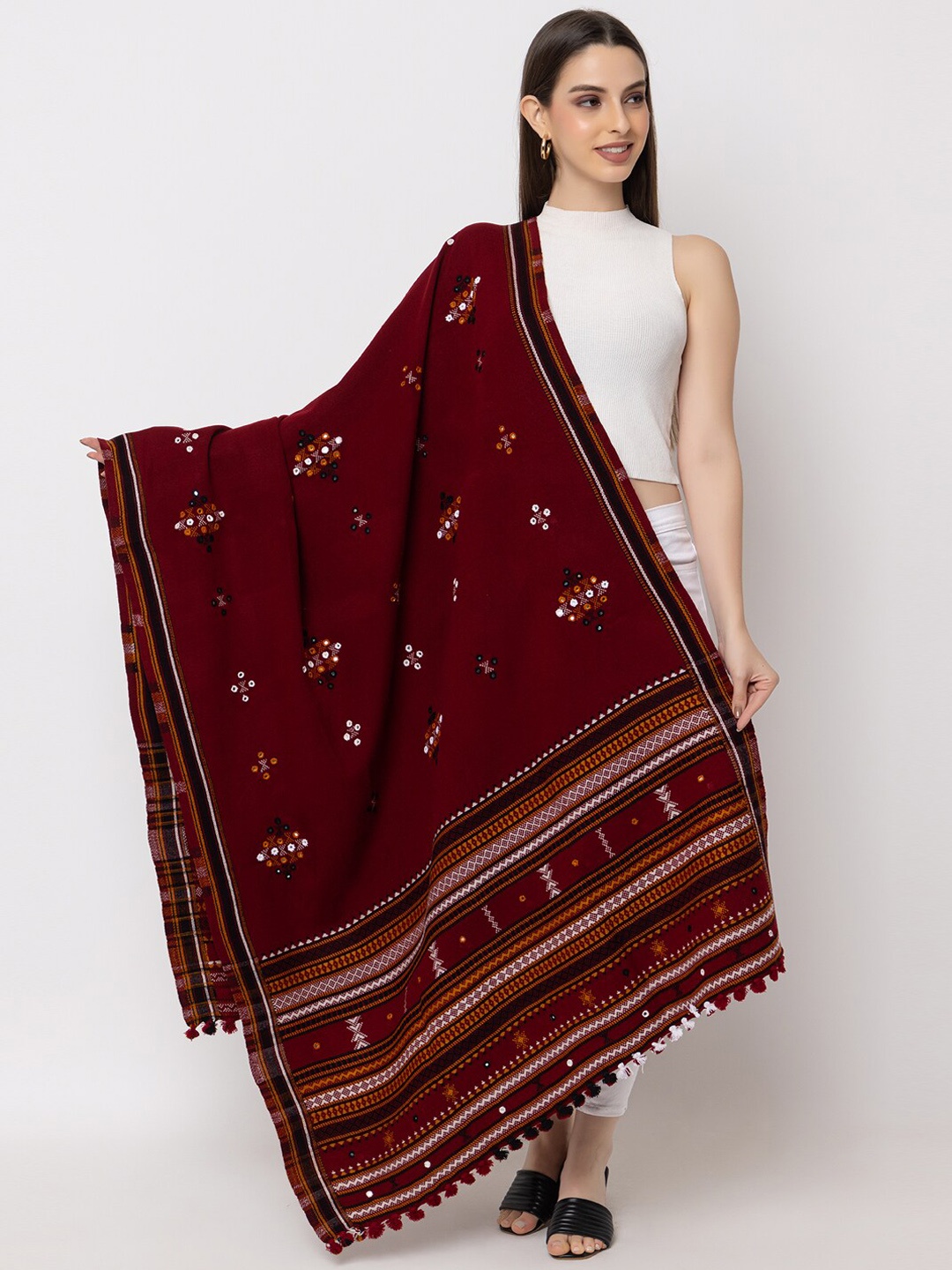 

CASMIR Kutch Embroidered Mirror Work Woolen Shawl, Maroon