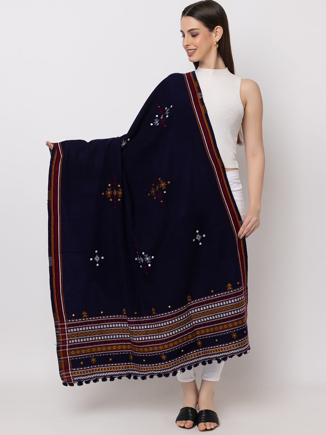 

CASMIR Embroidered Mirror Work Shawl, Navy blue