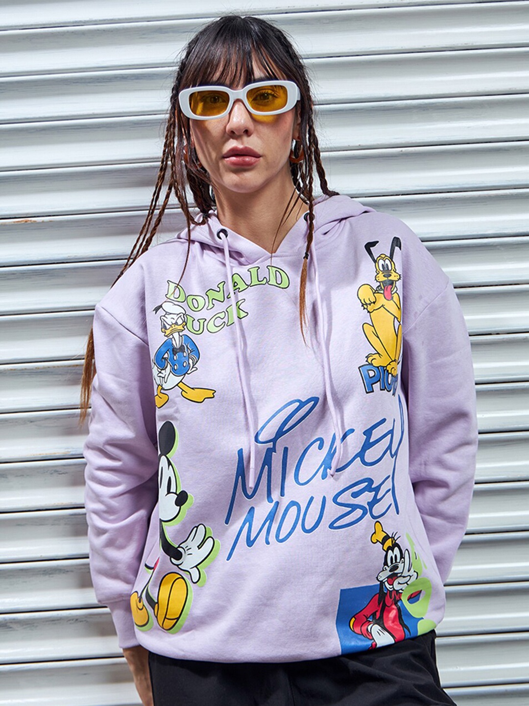 

Bewakoof Heavy Duty 1.0 Women Mickey Gang Graphic Printed Oversized Plus Size Hoodies, Purple