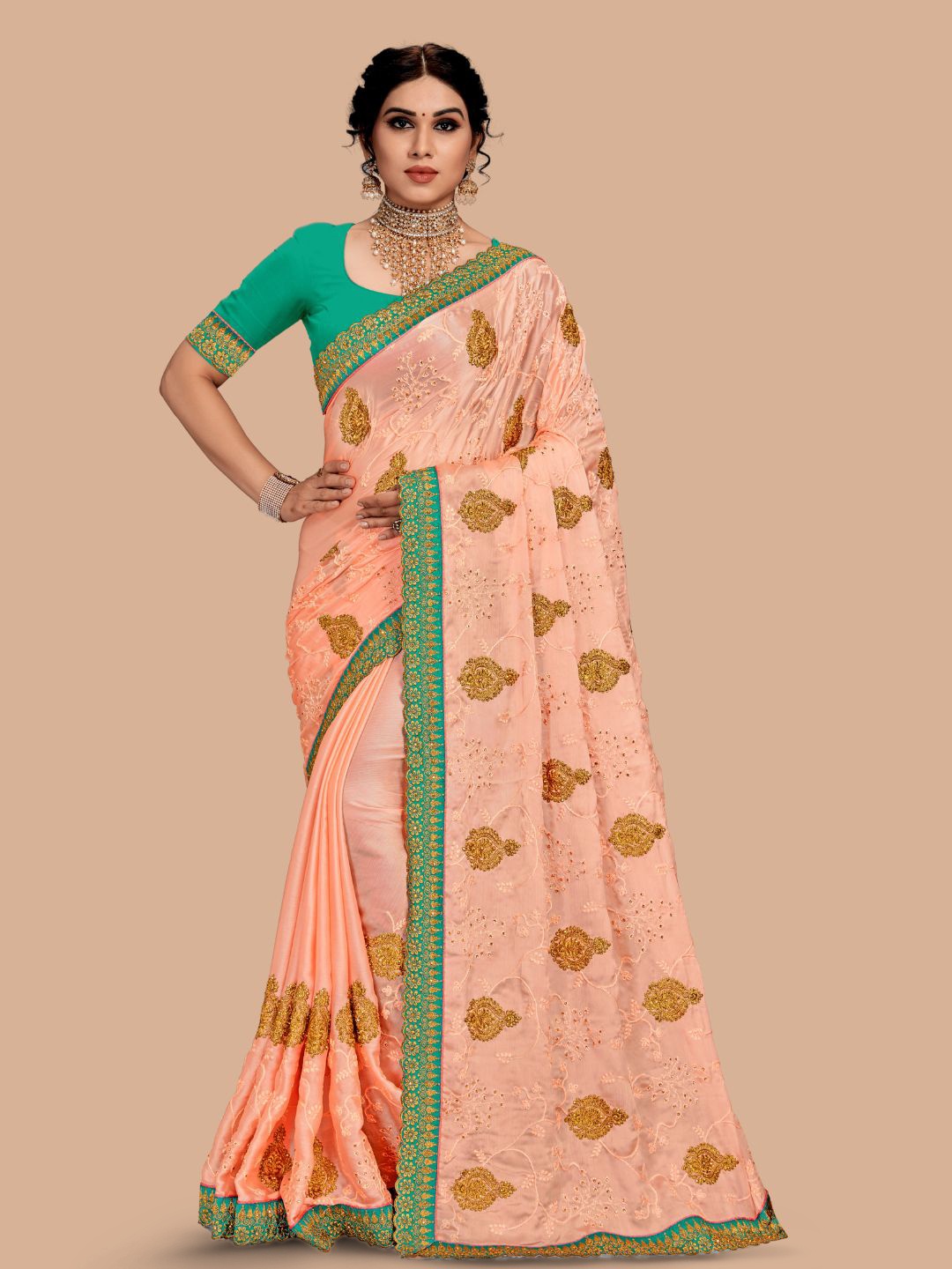 

MAGMINA Ethnic Motifs Embroidered Pure Chiffon Bhagalpuri Saree, Peach