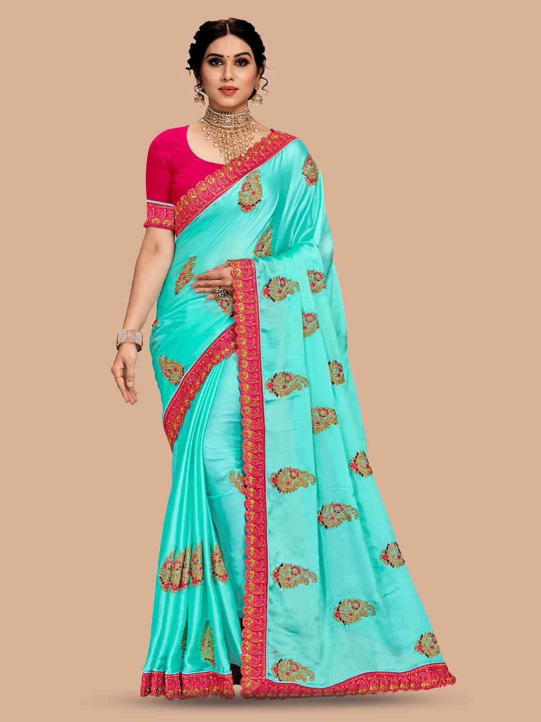 

MAGMINA Ethnic Motifs Embroidered Pure Chiffon Bhagalpuri Saree, Turquoise blue
