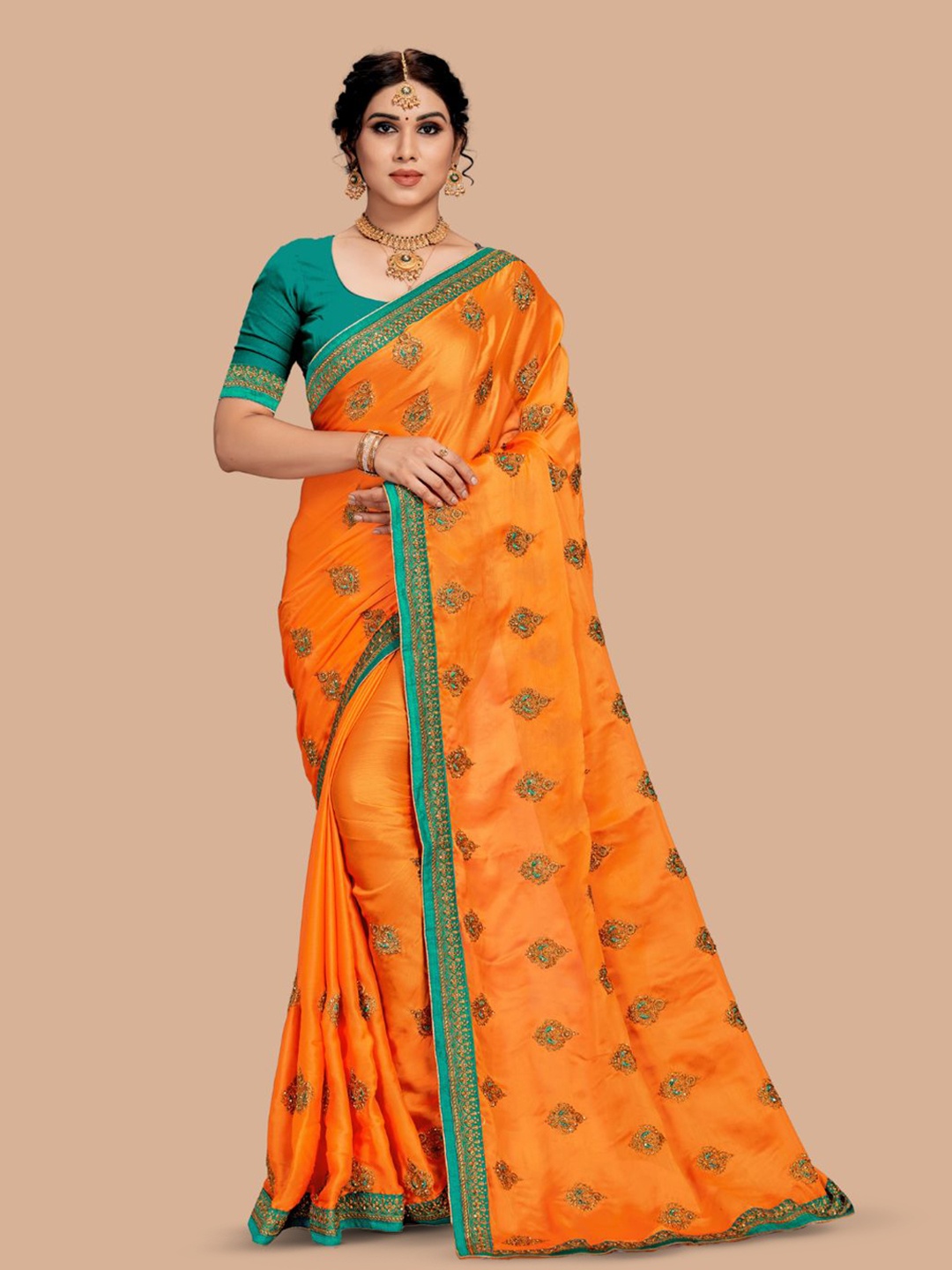 

MAGMINA Ethnic Motifs Embroidered Pure Chiffon Saree, Orange