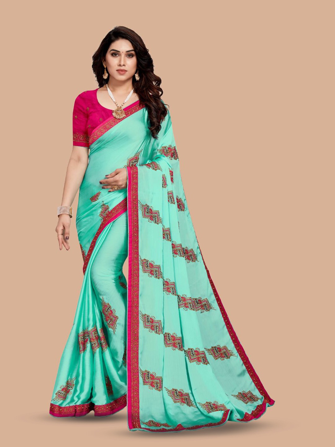 

MAGMINA Ethnic Motifs Embroidered Pure Chiffon Bhagalpuri Saree, Sea green